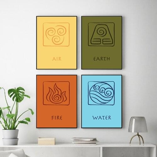 Avatar The Last Airbender Posters and Prints Air Earth Fire Water Sign Canvas Painting Wall Pictures for Living Room Home Decor