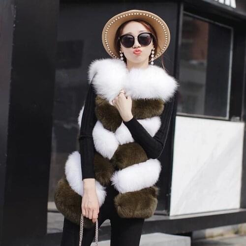 Savabien Faux Fox Fur Coat 2019 Autumn Winter Women Plus Size Faux Fur Vest Gilet Elegant Patchwork Furry Coat Long Streetwear