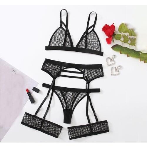 Sexy Women Lace Wireless Bra Panties Sexy Lingerie Mesh Bandage Underwear Appeal Pajamas Set Garter Thong Set Sleepwear Mujer