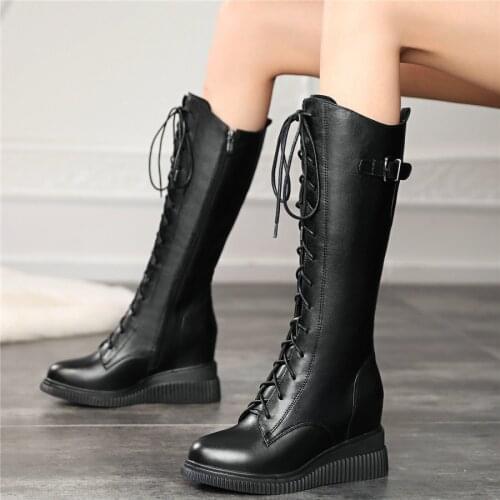 Fashion Sneakers Women Genuine Leather Wedges High Heel Mid Calf Boots Female Lace Up Strappy Round Toe Thigh High Pumps Shoes