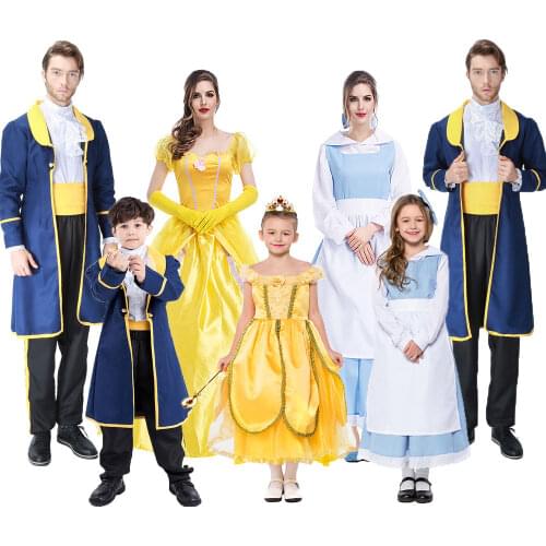 Umorden Halloween Beauty and Beast Costumes Family Women Girl Princess Belle Maid Cosplay Dress Men Boy Prince Costume Suit