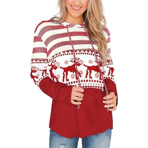 Women Christmas Deer Hoodies Fashion Color Block Patchwork Sweatshirt Casual Loose Pullover Red Striped Hooded Cute Jumper