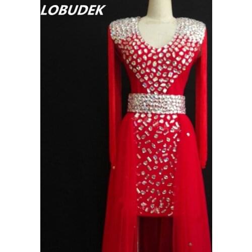 Female Crystals Costumes Red Diamond tassels tailing one piece dress Prom party singer Host stage performance outfits Bar show
