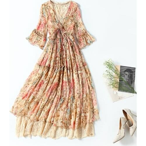 High Quality 100% Silk Summer Dress 2021 Elegant Long Dresses for Women Casual Floral Dress Female Vestido De Mujer Pph4704