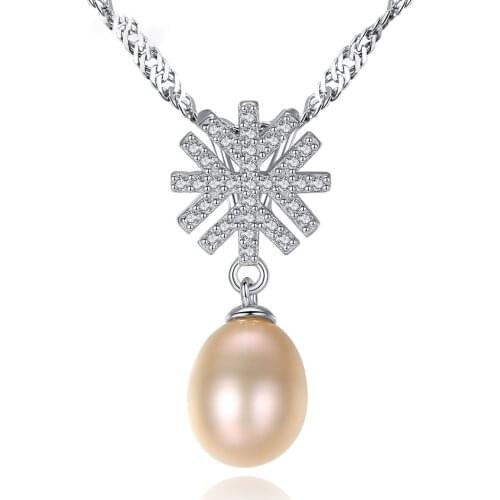 MetJakt S925 Sterling Silver Water Wave Chain 8-9mm Freshwater Pearl Fashion Snowflake Shape Womens Necklace