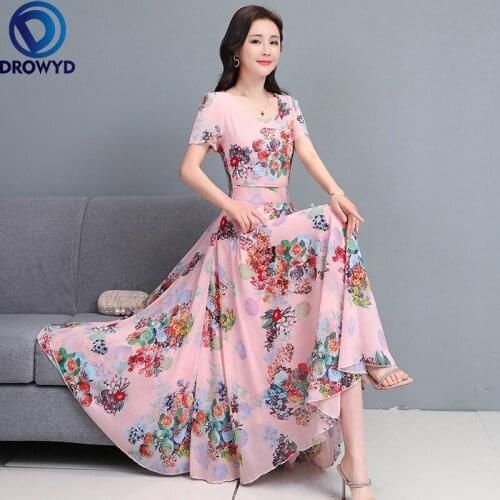 Summer Beach Dress New Korean Fashion Women Short Sleeve V-neck Slim Floral Print Long Chiffon Dresses Female Casual Vestidos