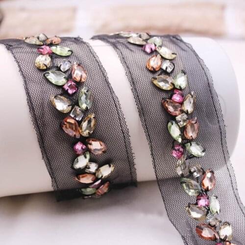 1Yard Rhinestone Beaded Handmade Lace Trims Mesh Fabric DIY Sewing Craft Wedding Dress Belt Sash Ribbon Bridal Dentelle Applique