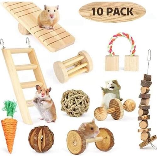 10pcs/set Pet Hamster Chew Toys Natural Wooden Gerbils Rats Teeth Care Molar Toys Accessories Dumbbells Exercise Bell Roller