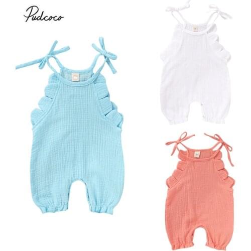 2020 Cute Newborn Baby Girls Cotton Rompers Jumpsuit Ruffle Solid Loose Sleeveless Cotton Linen One Piece Summer Home Outfit