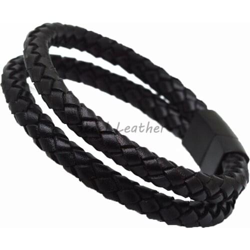5pcs/lot engrave logo Genuine Leather Bracelet Men Stainless Steel Magnetic Clasp Handmade Men Bracelets Bangles Braided Leather