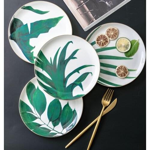 Green Leaf Design Dinner Plate European Style Ceramic Dishes Dinnerware Pasta Plate Fine Bone China Dish 8 Inch Dessert Plate