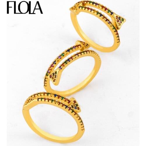 FLOLA Fashion Rainbow Arrow Ring Woman Cubic Zirconia Arrow Open Thin Rings 24k Gold Jewelry anillo oro Rainbow Ring righ93