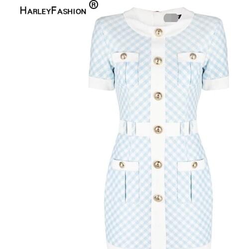 HarleyFashion Euroamerican High Street Women Luxury Quality Short Sleeve Pocket Skinny Sheath Straight Plaid Dress