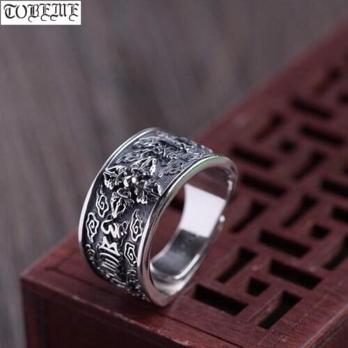 Handcrafted 100% 925 Silver Tibetan Six Words Proverb Ring Buddhist Vajra Dorje Ring Good Luck Man Ring Resizable
