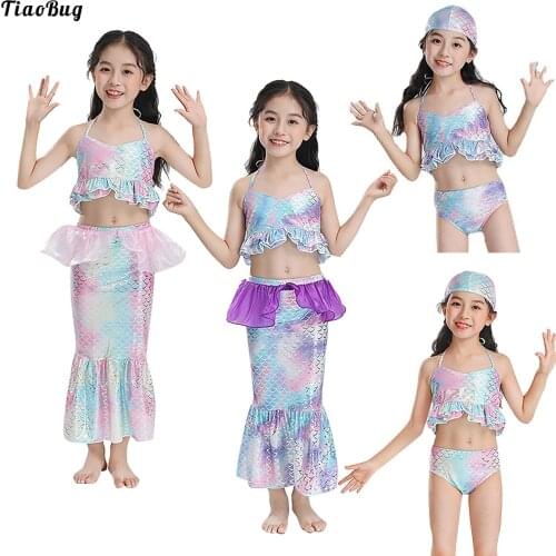 TiaoBug Summer 4Pcs Kid Girl Mermaid Fish Scales Print Swimming Suit Halter Neck Cropped Tops With Skirt Briefs And Swimming Cap