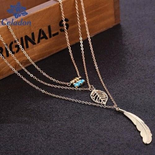 Fashion Simple Necklaces Leaf Long Pendant Necklaces 3 Layer Chain Necklace multilayer Necklaces