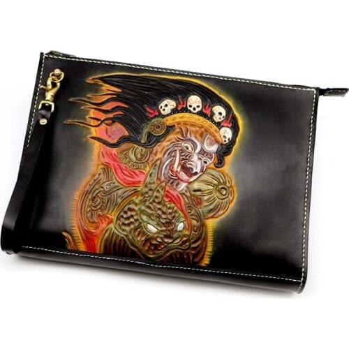 Handmade Men Vegetable Tanned Leather Carvings Kalidasa Bag Money Holder Clutch Purse Cigarette Pocket Man Clutches Envelope