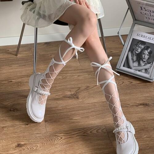 Japanese Style Socks Summer Thin White Lolita Women Middle Tube Socks Fashion Black Hollow Out Cross Straps JK Ladies Calf Socks