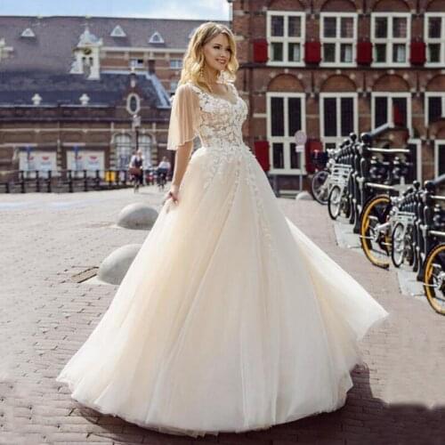 New Simple Wedding Dresses Open Back Half Sleeves Lace Ivory Tulle Bridal Gowns Puffy Princess Robe Gown Plus Size Tailor-Made