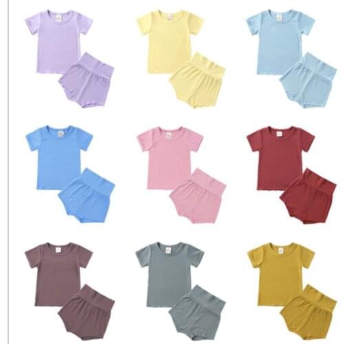 New Childrens Cotton Baby Suit Short Sleeve Boys Girls Kids T-shirt 2pcs Sets Thin Summer High Waisted Shors Solid Clothes
