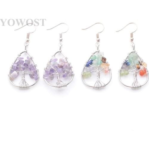 Wholesale 4 Pairs Raw Gem stone Earings wire wrapped Tree of life Teardrop Pendant Hook Earring Classic fashion Jewelry QBR344