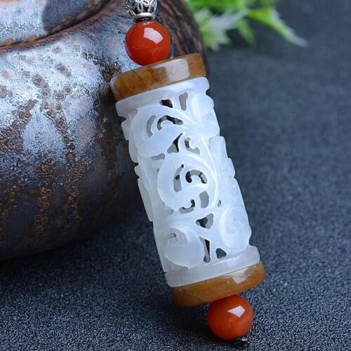 Genuine natural white hetian jade pendant hollow carved jade pendants necklace women men jadeite jade jewelry