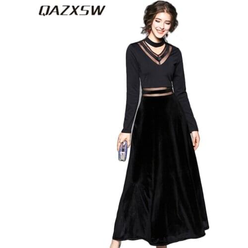 QAZXSW New Spring 2018 Women Long Dress Slim Patchwork Evening Party Dress Elegant Women Velvet Dresses Hole Robe Hiver HB617