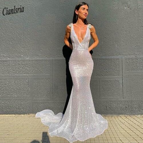 Silver Shining Tulle Backless Long Mermaid Evening Dress Sexy Deep V-Neck Sleeveless Crystal Formal Evening Party Dresses