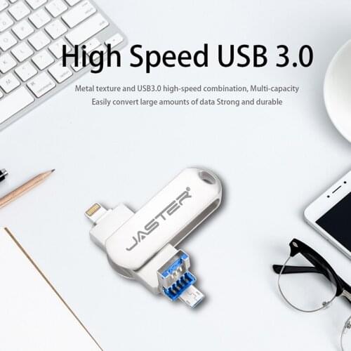 JASTER Pen Drive Lightning Otg Usb Flash Drive 3.0 para Iphone ipad Android 16gb 32gb 64gb 128gb 256gb Pendrive 3 in1