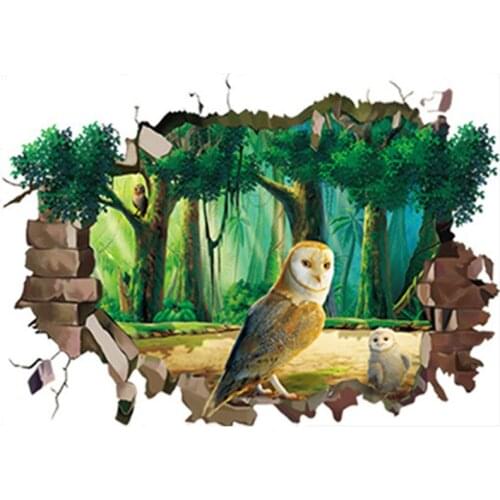 Owl 3d broken wall art mural green tree landscape vinyl stickers for kids rooms home decoration cartoon animal wallpaper 70*50cm