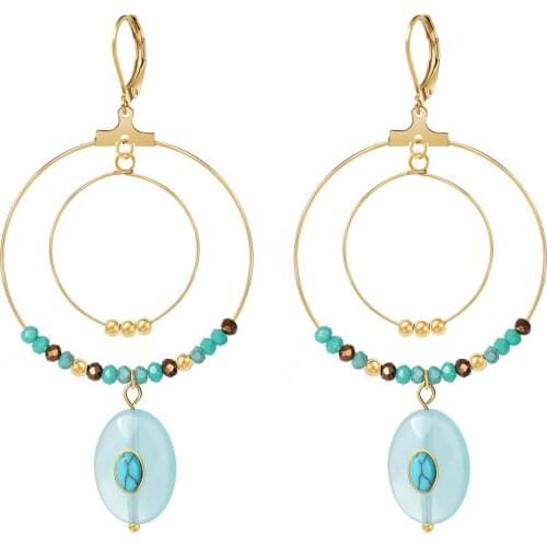 Boho Style Handmade Natural Stone Dangle Drop Earrings Stainless Steel Double Circle Blue Beads Long Earrings Jewelry Wholesale