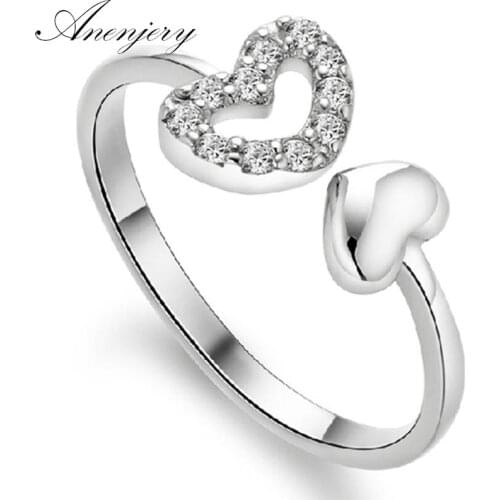 ANENJERY 925 Sterling Silver Classical Fashion Double Heart Crystal Rings For Women Wedding Jewelry anel S-R75