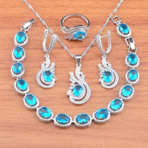 2020 New Silver Plated Wedding Jewelry Sets For Women Costume With Sky Blue Stones CZ Earrings And Bracelet Sets JS0721