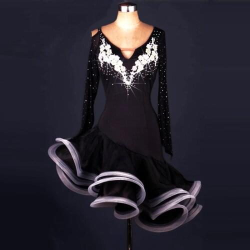 Big Swing Latin Dance Costume Women Rumba Cha-cha Ballroom Competition Dancing Dress Shiny rhinestones Ladies Latin Dance Dress