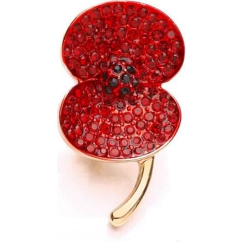 2" Gold Tone Red Enamel Clear Rhinestone Crystal Diamante Remembrance Gift Poppy Brooch