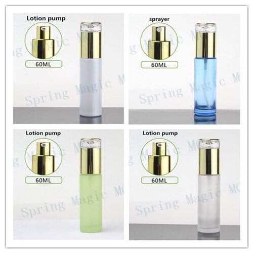 60ML Blue/Green/Frosted/Pearl White Glass Bottle With Gold Pump/Sprayer,2oz Skin Care Container,Perfume/Lotion/Foundation Vials
