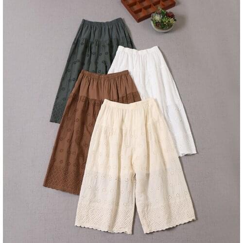 Japan Style Mori Girl Embroidery Hollow Lace Pants Loose Elastic Waist Wide Leg Pants Autumn
