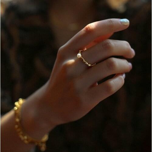 Brass With 18K Gold Geo Real Pearl Rings Women Jewelry Punk Runway T Show Designer Club Cocktail Party Japan Korean Trendy