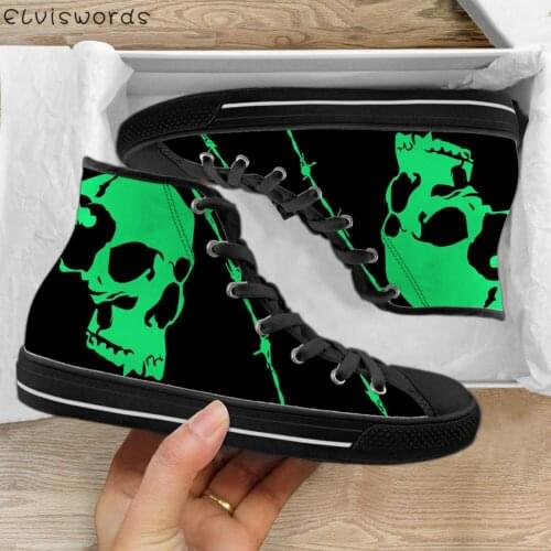 ELVISWORDS Punk Style Mens High Top Shoes Gothic Skull Print Flats Shoes Boys Spring/Autumn Breathable Canvas Sneakers Zapatos