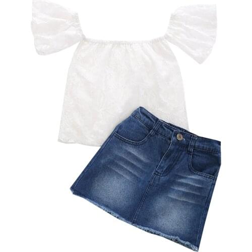 18M-6Y Summer Kid Girls Clothes Set Lace T shirt Tops Denim Shorts Outfits Children Costumes