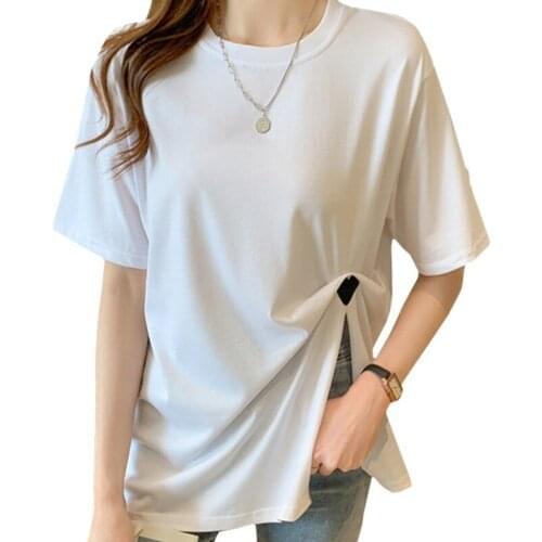 Summer Cotton Summer Loose Fashion Women T Shirt Irregular Lady Tees Embroidery Love Heart Bifurcation White Loose Tops Female