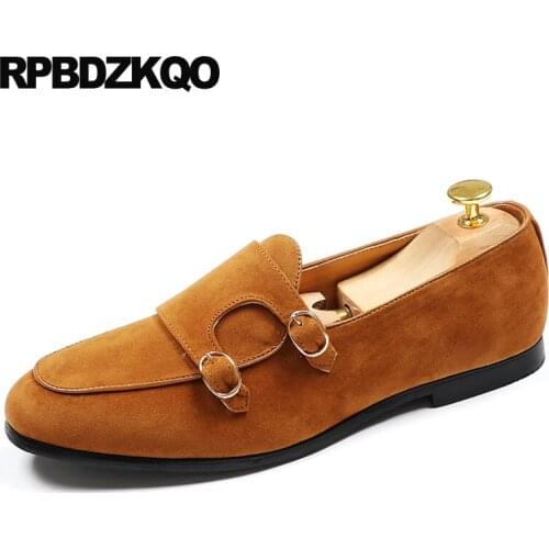 Italy tan loafers flats italian slip on metal height increase men brown genuine leather shoes brand double monk strap elevator