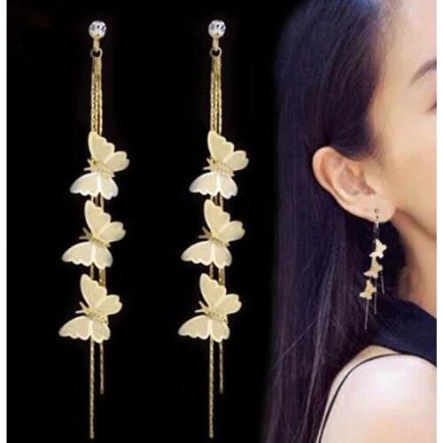 Fashion Metal Trendy Insect Women Dangle Earring Butterfly Long Tassel Crystal Eardrop Earrings Drop Earring Statement Earrings