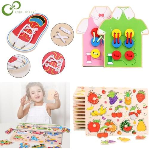 Threading Board Button Beads Montessori Wooden Puzzles Hand Grab Boards Toys Tangram Jigsaw Baby Educational Toys 3D Puzzles WYW