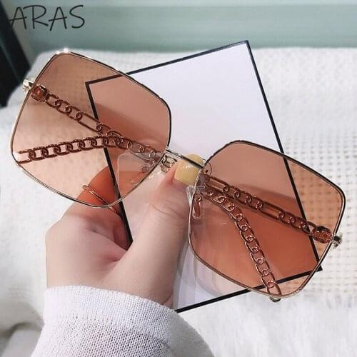Fashion Womens Sunglasses Chain Vintage Oversize Square Sunglasses For Women Luxury Designer Brand Gold Eyeglasses Chain UV400