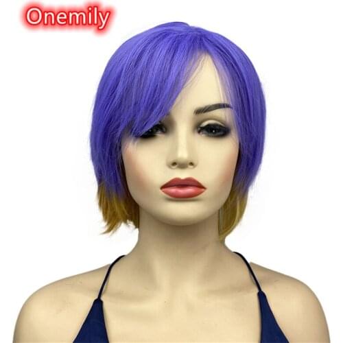 Onemily Short Straight Heat Resistant Synthetic Hair Wigs for Women Girls with Side Bangs Theme Party Evening Fun Gold Purple