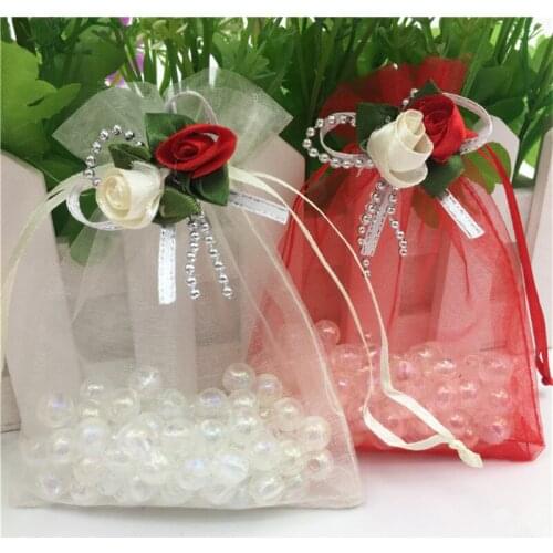200pcs/lot Dense Organza Bag Korean bowknot Rose Wedding Gift Bags Drawstring Candy Gift Bag Jewelry Pouches