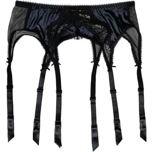 Black Satin Lace Tassel Bow 6 Strap Metal Clips Sexy Garter Belts for Stockings Womens Suspender Belt Sexy lingerie Gift GA1205