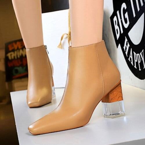 Transparent Crystal Thick Heel Sexy Women Ankle Boots Square Toe Soft Leather High Heel Boots Woman Autumn Fashion Bota Feminina