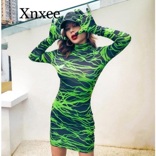 Seduction african game Sexy Women Bodycon Dresses Long Sleeve Autumn Printed Party Clubwear Skinny Mini Dress with Gloves New